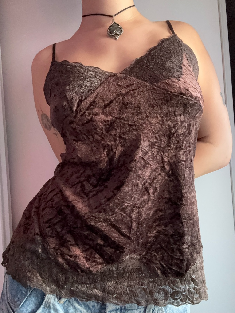 Nygard Collection Vintage Y2K Brown Silk Velvet Lace Trim Cami Size 10